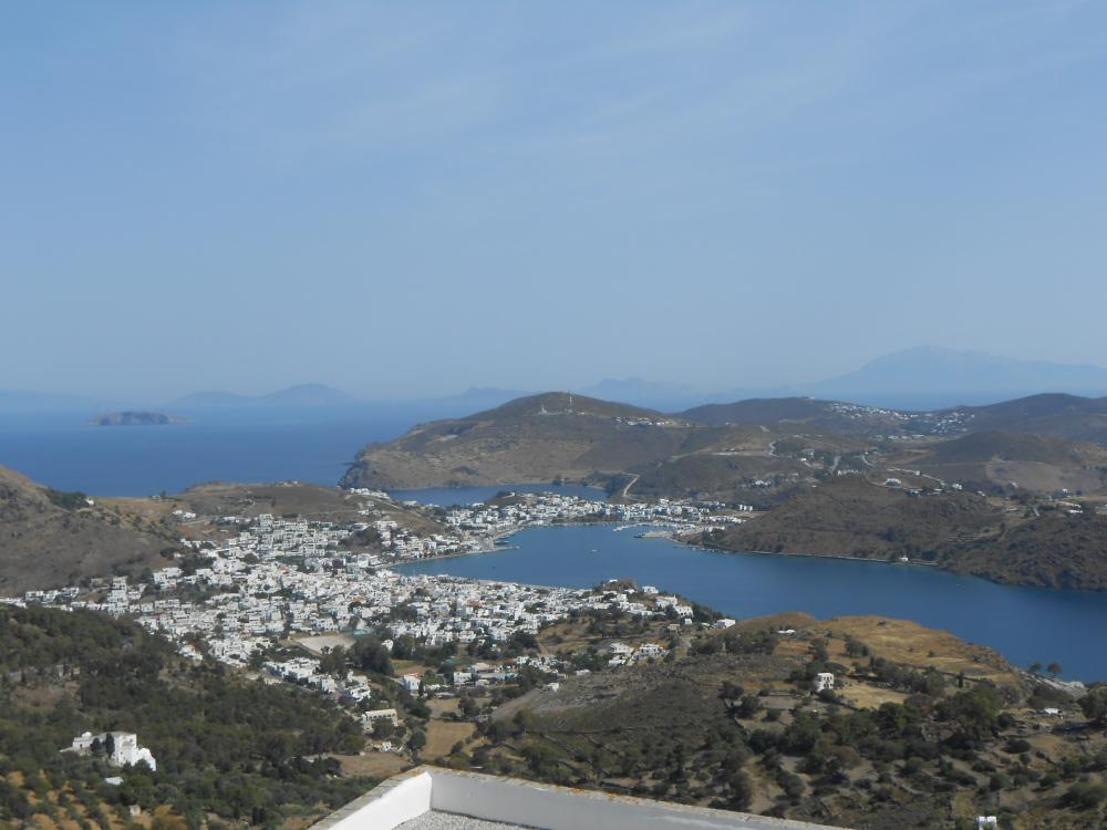 Patmos in the Dodecanese island group.: The view from the monastry of St.John the Divine overlooking Skala Patmos.
